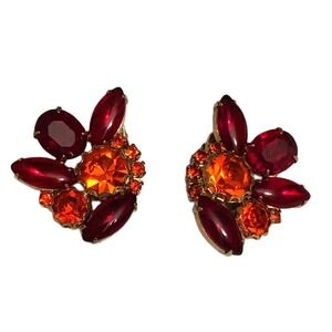 Juliana D&E Mid-Century Mod Red Orange Navette Rhinestone Clip On Earrings